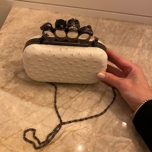 White faux ostrich clutch knuckle white gunmetal